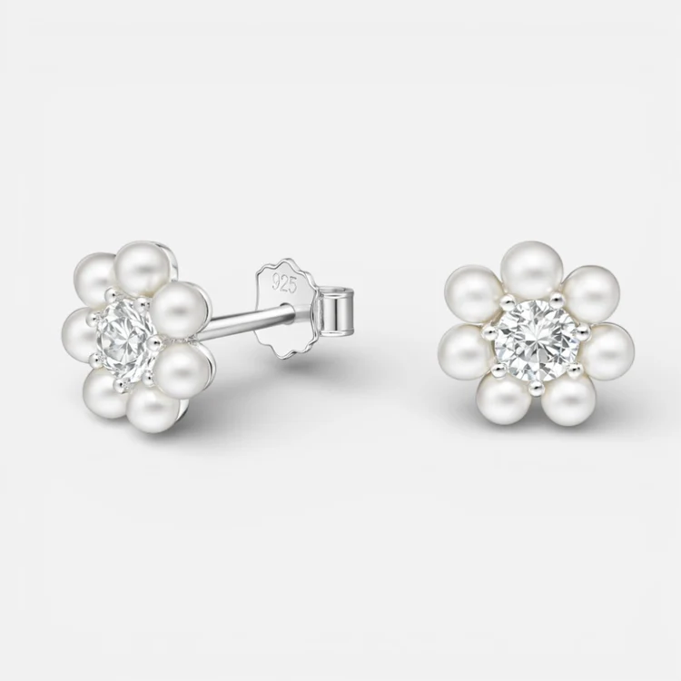 Aro Flor Perlas Circón Plata